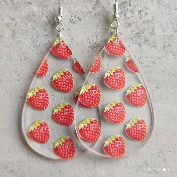 Jewelry - Transparent  Drop Shape Strawberry Pattern Dangle Earrings CuteSummer Fruit